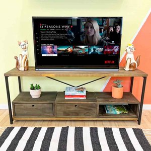 Rack de Tv Industrial de Ferro e Madeira Style Square 2 Nichos de Gaveta e 1 Nicho Tabaco e Preto