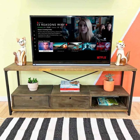 Rack de Tv Industrial de Ferro e Madeira Style Square 2 Nichos de Gaveta e 1 Nicho Tabaco e Preto