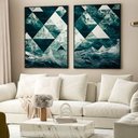 Ver imagem 1 de Kit Quadro Decorativo 2 Telas Oceano Nas Formas Geométricas Tacolado Moldura Caixa Alta 4,5cm Madeir