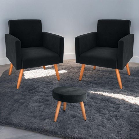Jogo de Poltronas e Puff Conjunto de Sala para Sala de Estar Veludo Inca Espuma D20 Preto Fixo