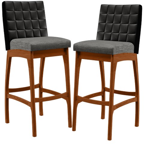 Kit 02 Banquetas Altas Sala De Jantar Fixa Mila B04 Couríssimo Preto Linho Cinza Escuro - Lyam Decor