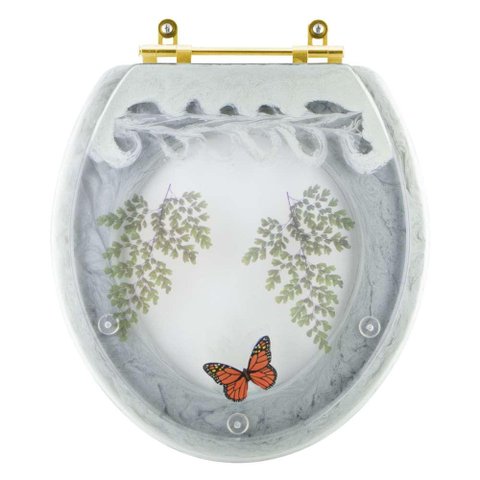 Assento Sanitário Poliester Decorado Oval Convencional Verde Agua Avenca com Borboleta Vermelha com