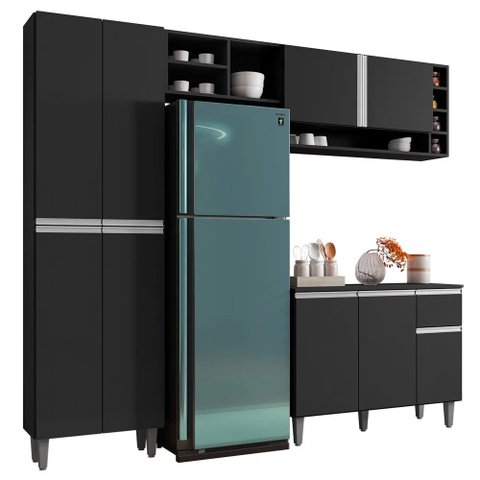 Cozinha Modulada Completa 230cm com Balcão e Armário Aéreo Vanessa - Ajl Móveis - Preto Fosco