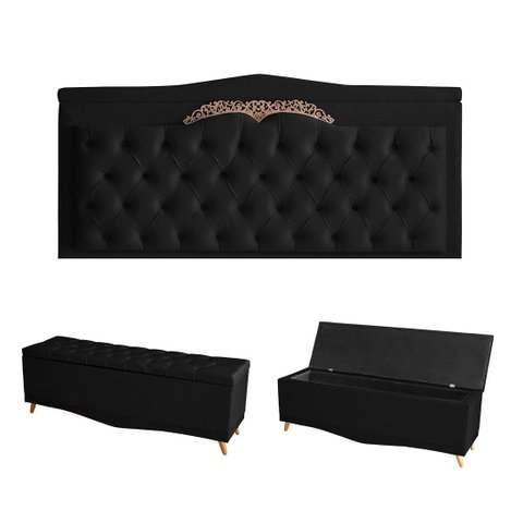 Kit Helena Cabeceira de Cama Painel e Calçadeira Baú King 195 Cm Suede Preto Eli Móveis e Decoração