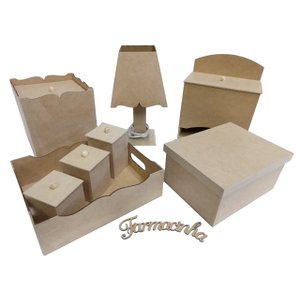 Kit Bebe Higiene Madeira Mdf Cru Liso 8 Peças