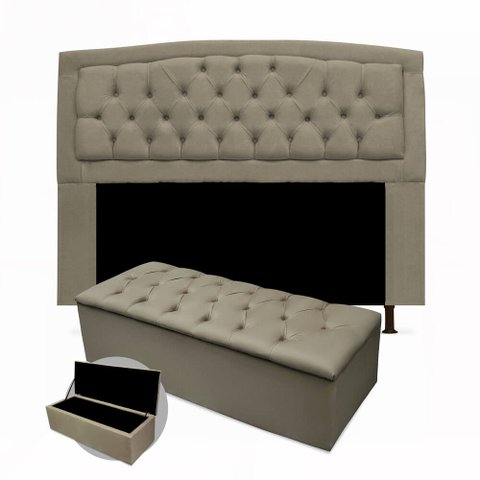 Kit Cabeceira Geovana + Calçadeira Baú Mirage Casal 140cm Suede - Ecotec Decor:Bege
