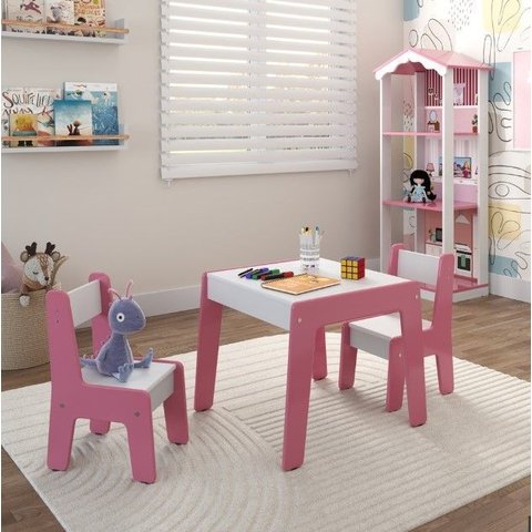 Conjunto de Mesa Infantil com 2 Cadeiras Mdf Diana Rosa e Branco