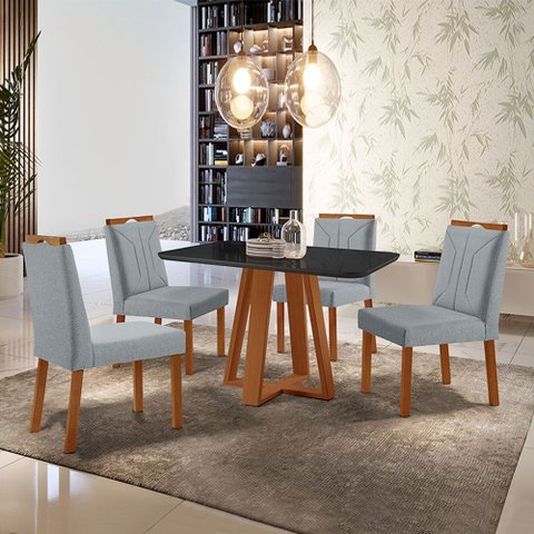 Conjunto Sala de Jantar Mesa Floripa Madeira Maciça 90x90cm Tampo Quadrado Vidro Preto com 4 Cadeira