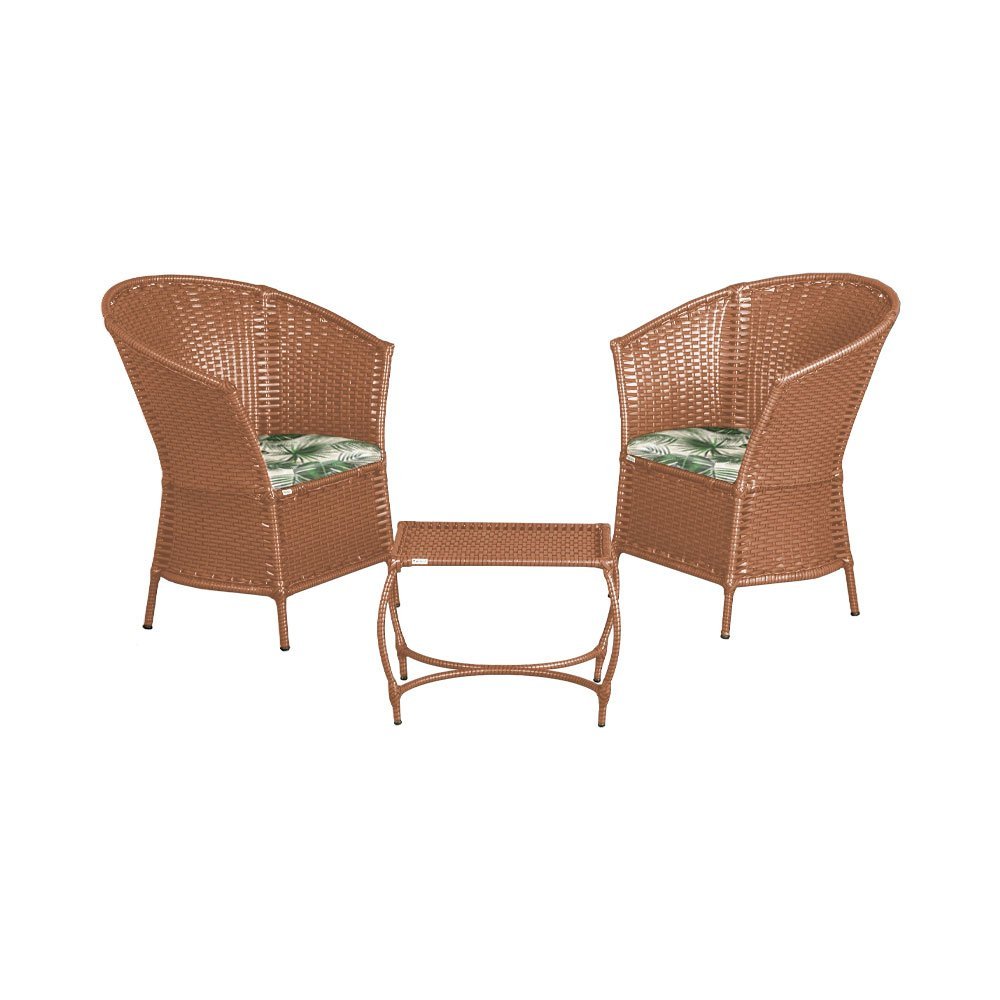 Conjunto 2 Poltronas e Mesa de Centro em Aço e Junco Madeira Pampeano Simples Assento Folha Verde - 2
