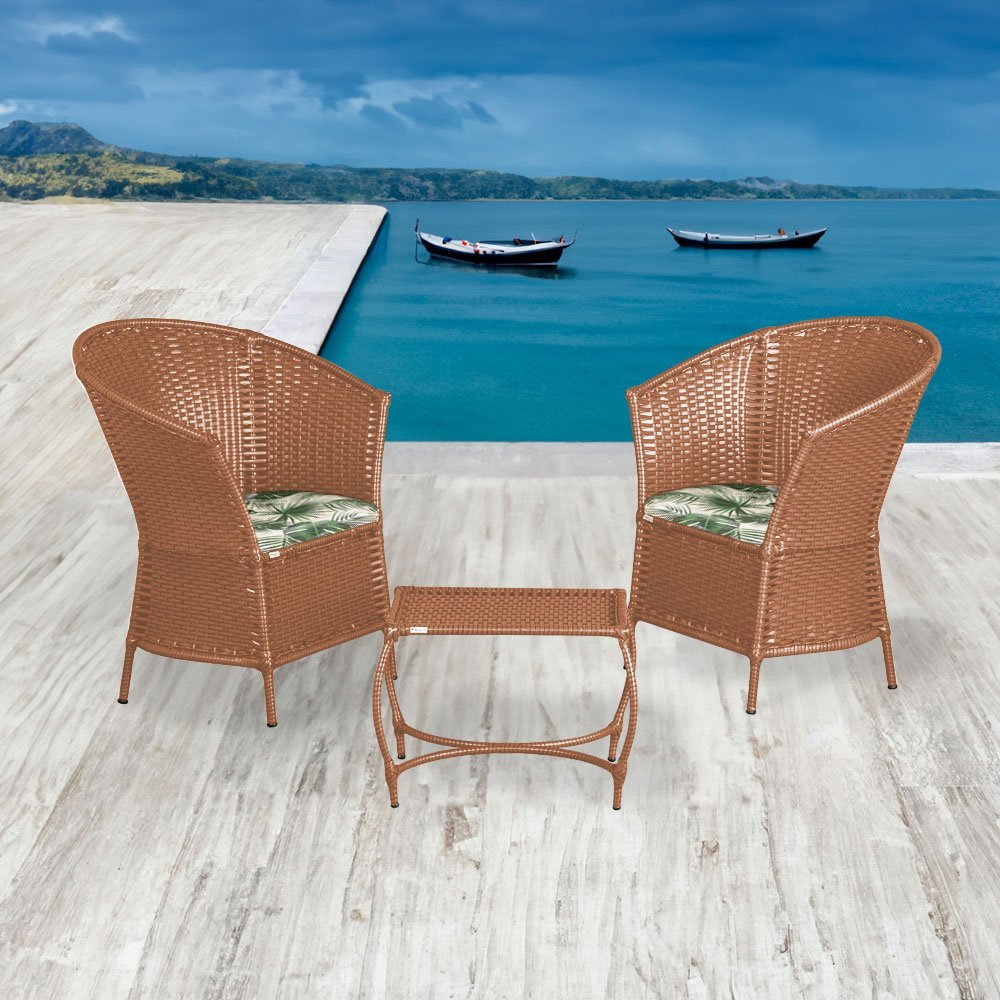 Conjunto 2 Poltronas e Mesa de Centro em Aço e Junco Madeira Pampeano Simples Assento Folha Verde - 1