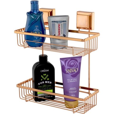 Porta Shampoo Duplo Cobre Rosé Aço Piatina Fixação por Ventosa