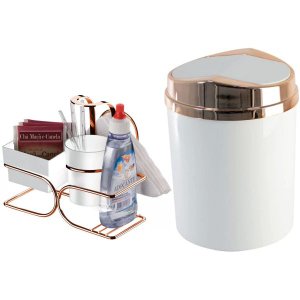 Kit Café Rosé Gold Porta Sachês Lixeira 5 Litros Basculante - Branco/Rosé Gold