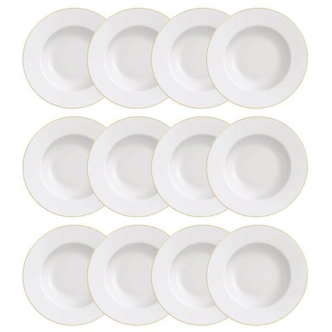 Kit 12 Pratos Rasos Jantar Branco Borda Dourada Porcelana 28
