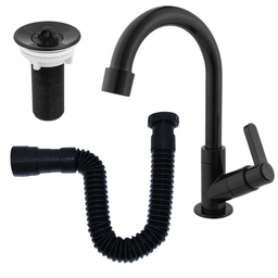 Kit Torneira Lavatorio Banheiro + Válvula Abs e Sifão Preto - 1
