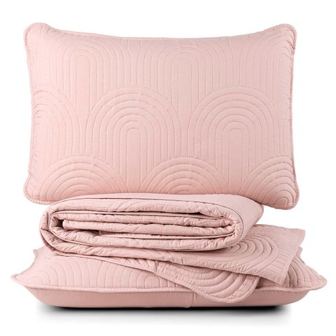 Kit Cobre Leito Colcha Arcos Casal Padrão Dupla Face Matelado 200 Fios 3 Peças Rosa - 100% Poliéster