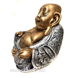 Estátua Buda Chinês Sorridente da Riqueza Dourado e Prateado 16cm - 3