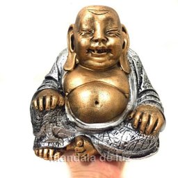 Estátua Buda Chinês Sorridente da Riqueza Dourado e Prateado 16cm - 4