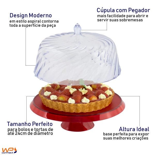 Boleira Porta Bolo Tortas Cúpula Transparente Bandeja translucida - Vermelho - 4