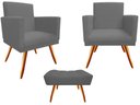 Ver imagem 1 de Kit 2 Poltronas Decorativa Nina + Puff Retangular Suede Cinza Pés Madeira Ms Decor