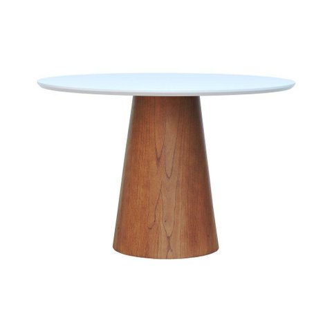 Mesa de Jantar Base Cone Laminado Cinamomo Amêndoa Tampo Ø150 Laqueado Branco