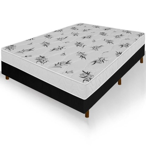 Cama Box Preta + Colchão Casal Castelar Branco Espuma D33 Bordado 138x188x51cm