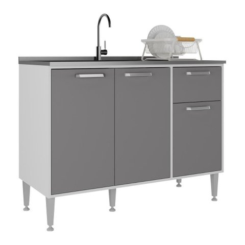 Balcão de Cozinha Gabinete Pia 105cm 3 Portas 1 Gaveta Branco-lacca Fumê Branco-lacca Fumê