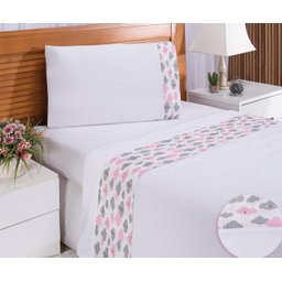 Lençol Solteiro Nuvem Rosa 3 Peças 100% Algodão - 180 Fios - 2