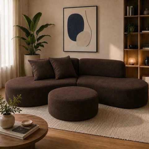 Sofá e Puff Orgânico Virginia 200cm Sala Suede Marrom