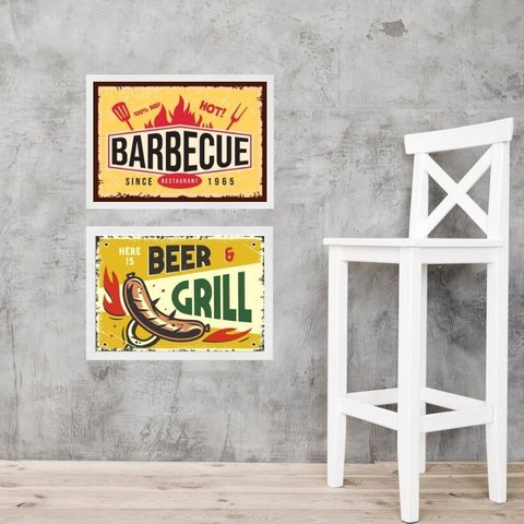 Kit 2 Quadros Placas Vintage Churrasco e Cerveja 45x34cm - com Vidro:moldura Branca