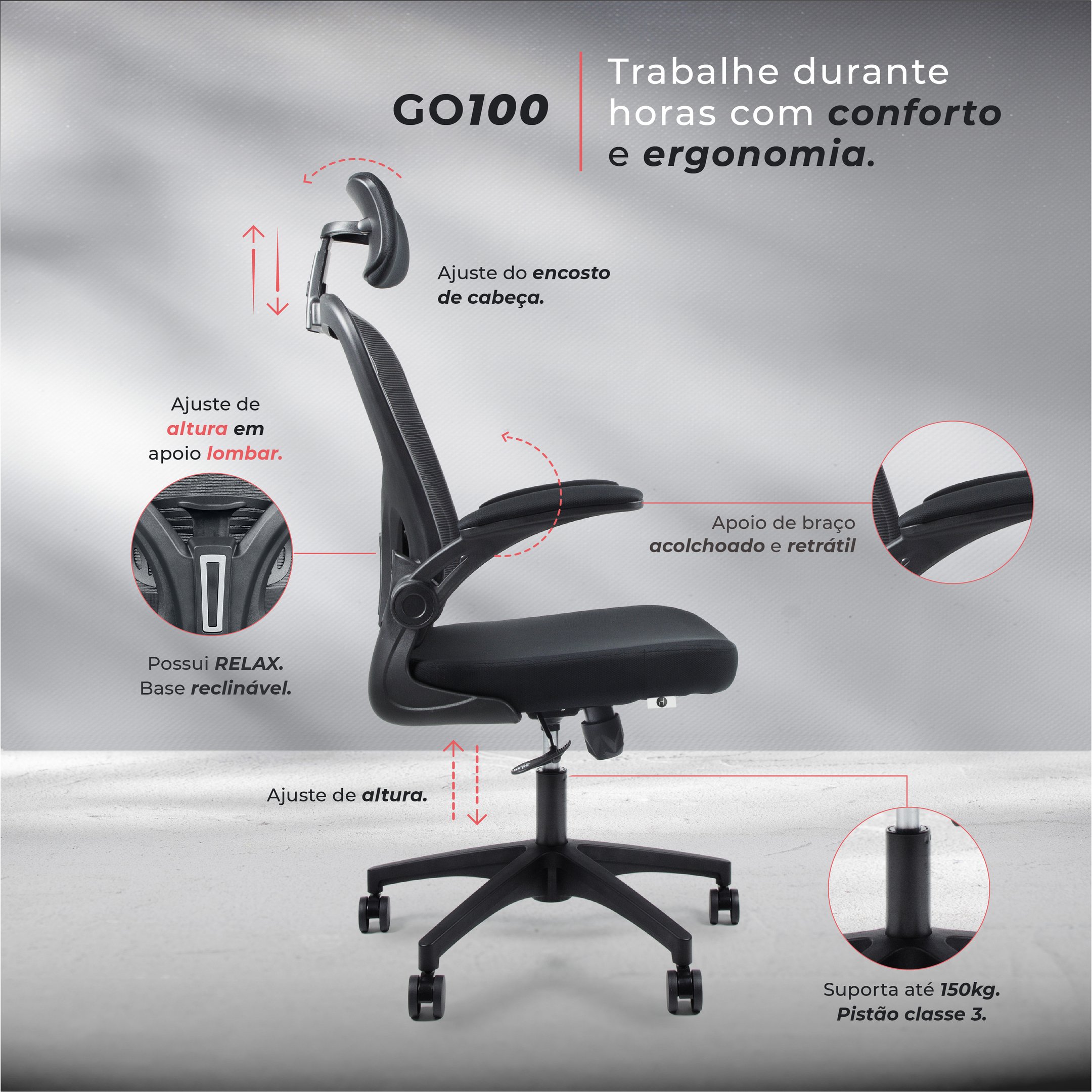 Cadeira Presidente Escritório Ergonômica Gogo Chair Go100 Luxo - Preta - 7