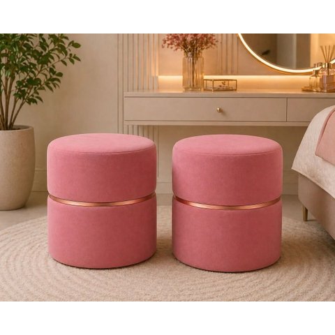 Kit de Puff Cinta no Meio Rose Gold, Cor Rosa Antigo Veludo - Let Móveis