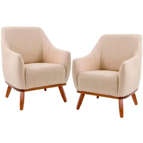 Kit 2 Poltronas Decorativas Base de Madeira Raquel Algodão Bege - Gran Belo
