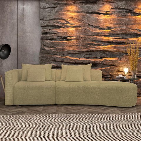 Sofá Curvo Decorativo Kimiko 317cm 3 Lugares Sala de Estar com Chaise Bouclê Bege G52 - Gran Belo