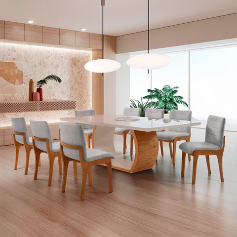 Conjunto Sala de Jantar Bella 220cm com Vidro Canto Moeda e 8 Cadeiras Bella