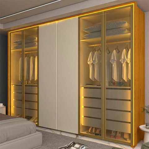 Guarda-Roupa Casal 6 Portas 4 Portas Reflecta com LED com Pés 100% MDF Splendor Marrom/Marrome/Off White