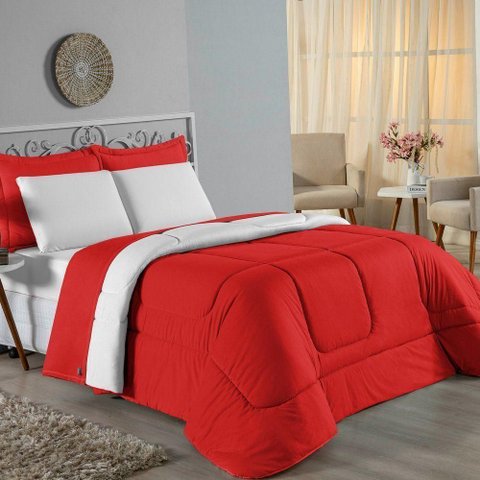 Kit Edredom Dupla Face + Jogo de Lençol Casal Viúva Nobre 6 Peças Malha 100% Algodão - Vermelho