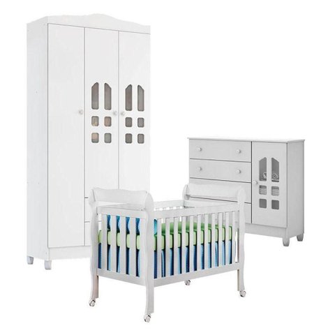 Quarto de Bebê New Selena 3 Portas com Berço Lila e Cômoda Selena Branco Brilho – Carolina Mó