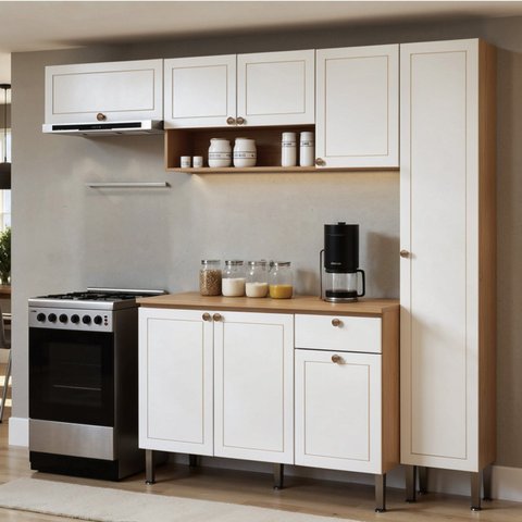 Cozinha Modulada 5 Peças em MDF com Tampo e Paneleiro Funcional Frizz Branco/Cinamomo Fosco