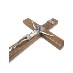 CRUCIFIXO DE PAREDE MADEIRA METAL PRATA VELHA SÃO BENTO 35 CM