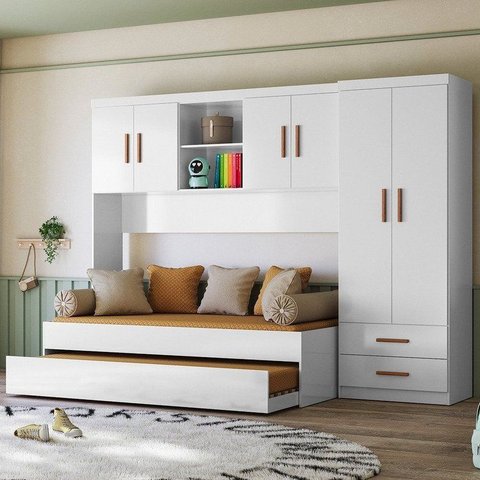 Quarto Completo Solteiro Juvenil 4 Peças com Guarda Roupa e Bicama Onix Branco e Branco/Nature Flex
