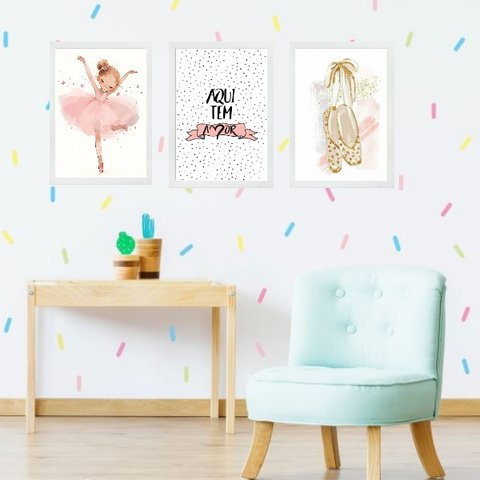 Kit 3 Quadros Infantis Bailarina - Amor 24x18cm - com Vidro:madeira Branca