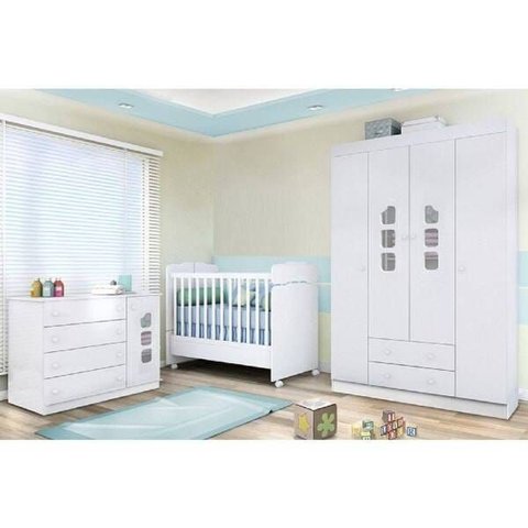 Quarto Bebê Lívia com Guarda-roupa 4 Portas Cômoda Berço Mini-cama
