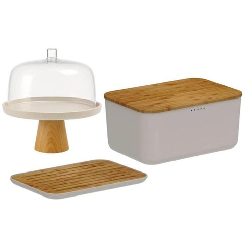 Conjunto Boleira com Cúpula e Pé Tábua Migalheira Porta Pão com Tampa Bege Plástico Bambu ou