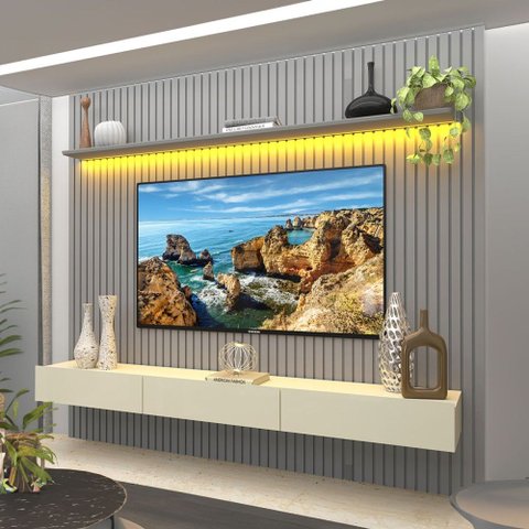 Painel para TV até 85 Polegadas Sole 3 Gavetas Ripado 100% MDF Cinza/Off White - Pnr Móveis