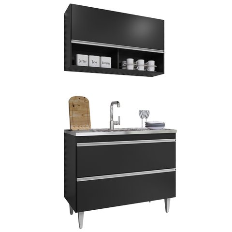 Armário de Cozinha com Nichos Cp01 com Pia 100cm M24 Preto - Mpozenato