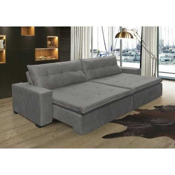 Sofá Retrátil e Reclinável Oklahoma 3,12M com Molas e Pillow No Assento Tecido Suede Cinza