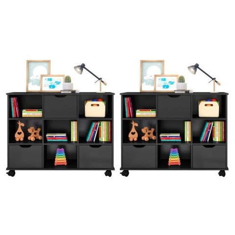 Kit 2 Nichos Organizadores com Rodízios 3 Gavetas - Qmovi - Preto/Preto