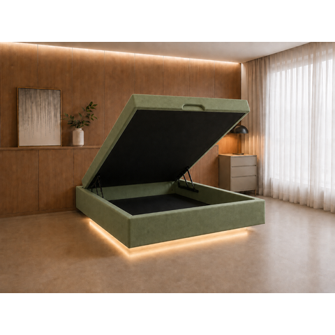Cama Box Baú Casal Flutuante com LED, Encaixe para Colchão e Puxador Embutido:Verde