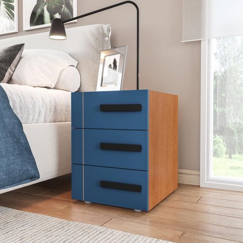 Mesa de Cabeceira Lisboa com 3 Gavetas 40x54cm Azul/Freijó 250687