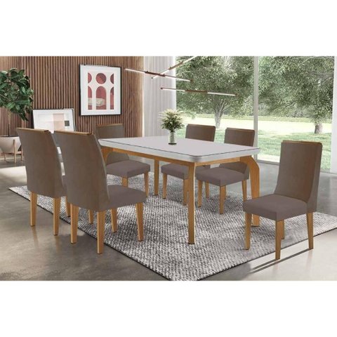 Conjunto Mesa Londrina c/ Tampo Madeirado c/ Vidro Canto Curvo 180x90cm e 6 Cadeiras Dakota Madeira